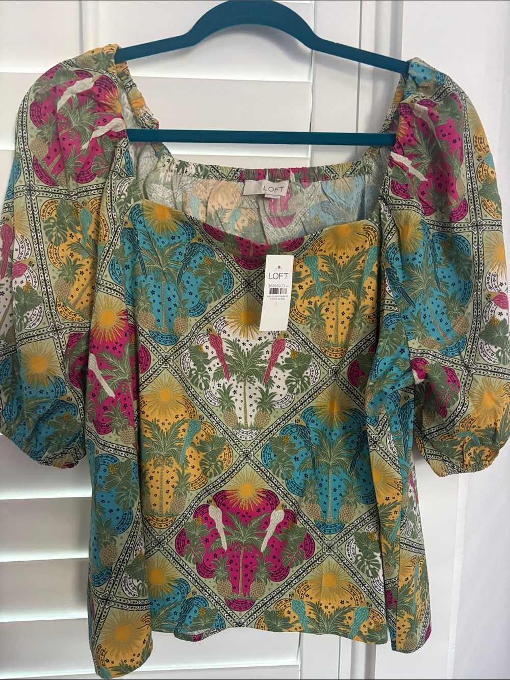 LOFT Multicolor Botanical Patchwork Puff-Sleeve Top